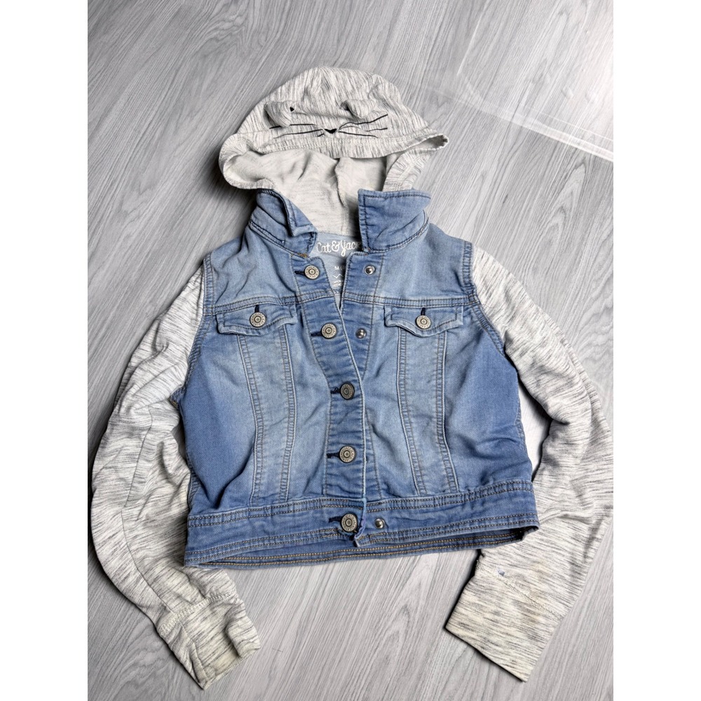 Cat & Jack Girls Denim Jacket Grey Jersey Hooded Cat Ears Blue Size M 7/8